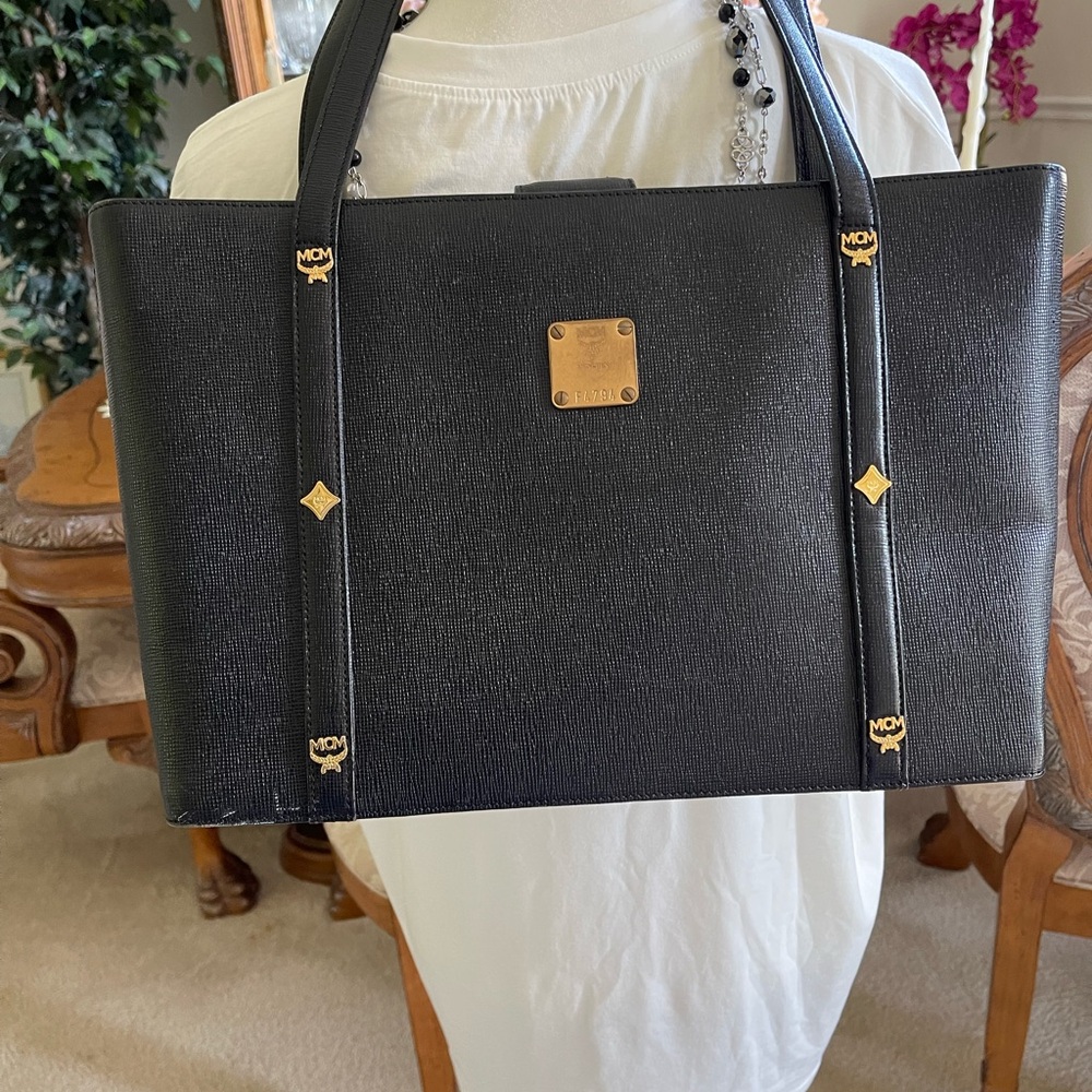 MCM Vintage Black Leather Tote with Gold Hardware
